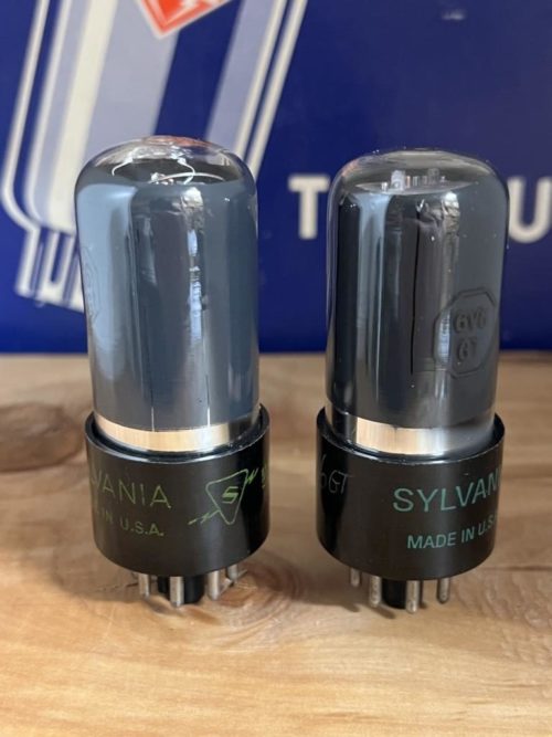 6V6GT Sylvania green print, grey glass, black base, one pair