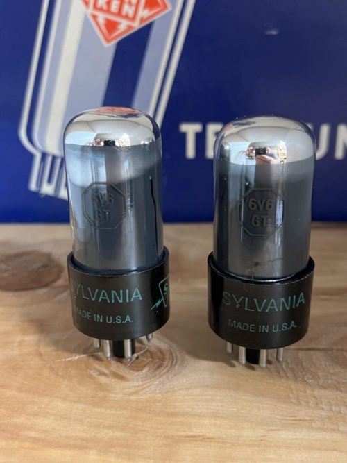 6V6GT Raytheon, black smoked glass, one pair