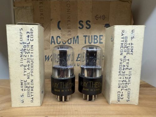 12J5GT VT135 Raytheon, made 1943, black plate, milspec, NOS/NIB, one pair (2)